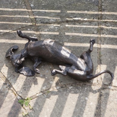 Bronze Dog Sculpture: Rolling Dachshund (Life Sized) by Sue Maclaurin