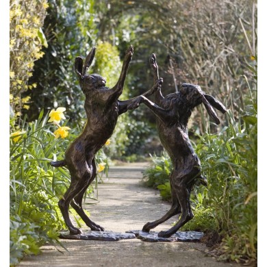 Bronze Hare Sculpture: Garden Boxing Hares by Sue Maclaurin